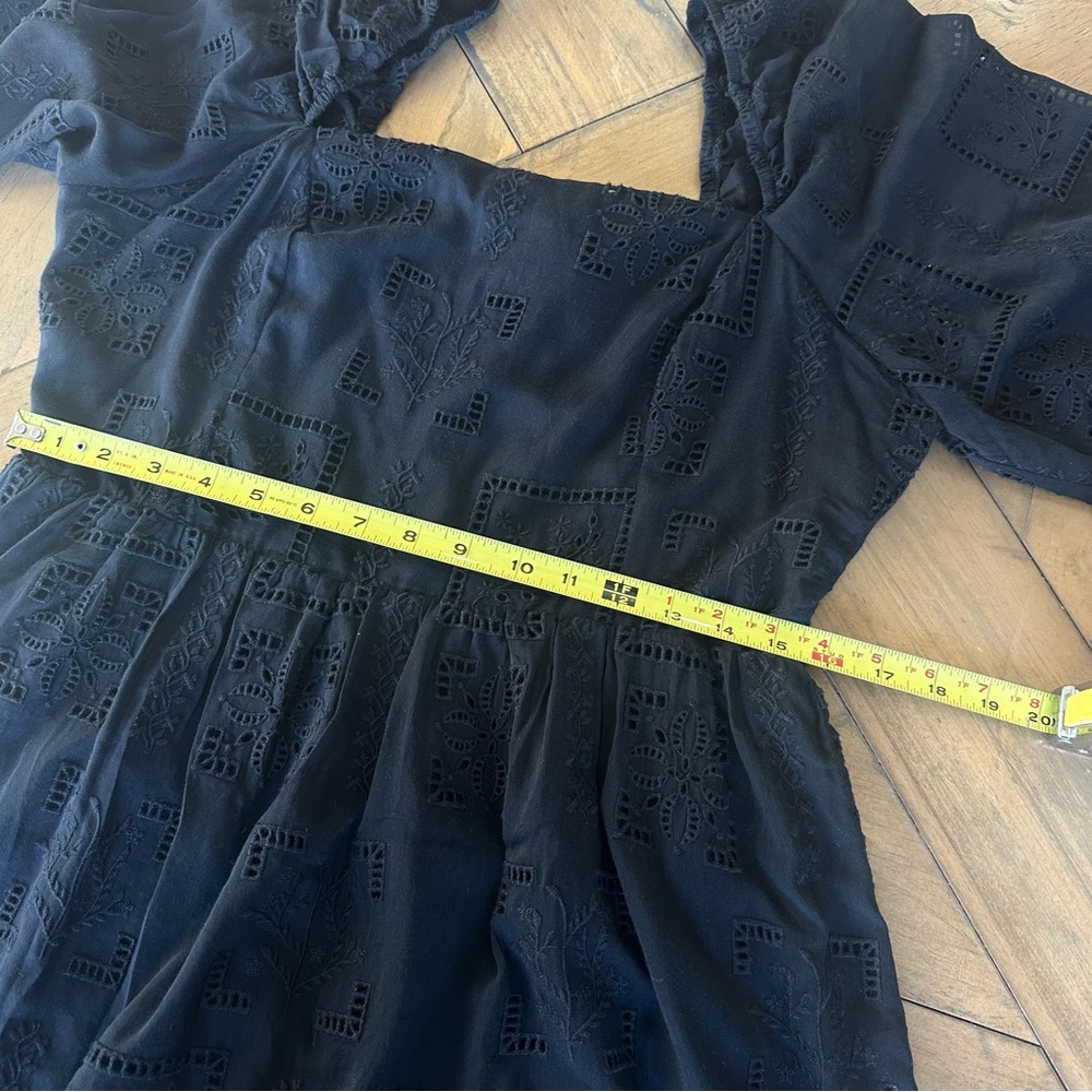 Johnny Was Eyelet Mini Dress Tonal Black Cotton Silk Embroidered Puff Sleeve M - Picture 5 of 11